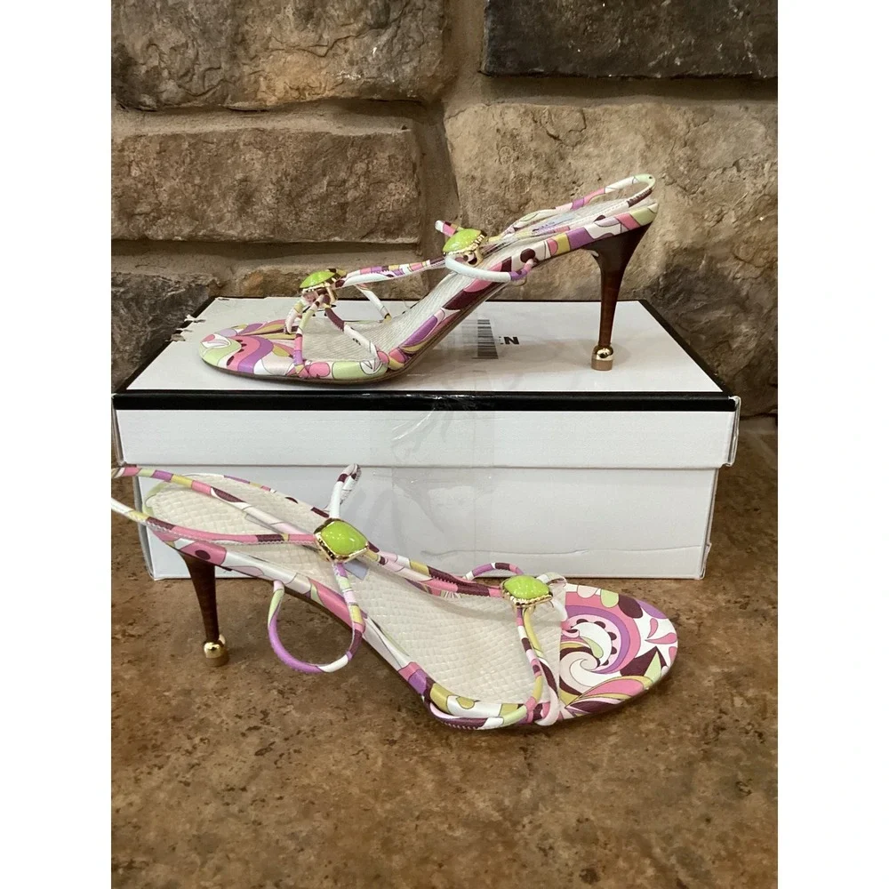 Steve Madden Ramos-Stone Pink Print Strappy Stiletto Sandals Green Stone New